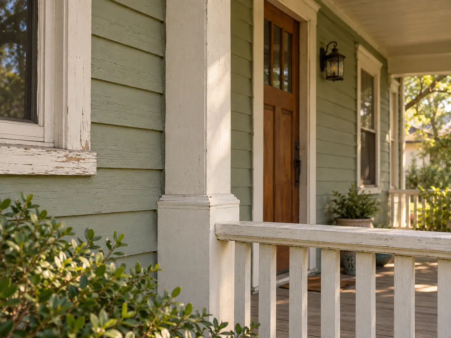Painted wood siding, a square porch post and white railing beside a wood front door