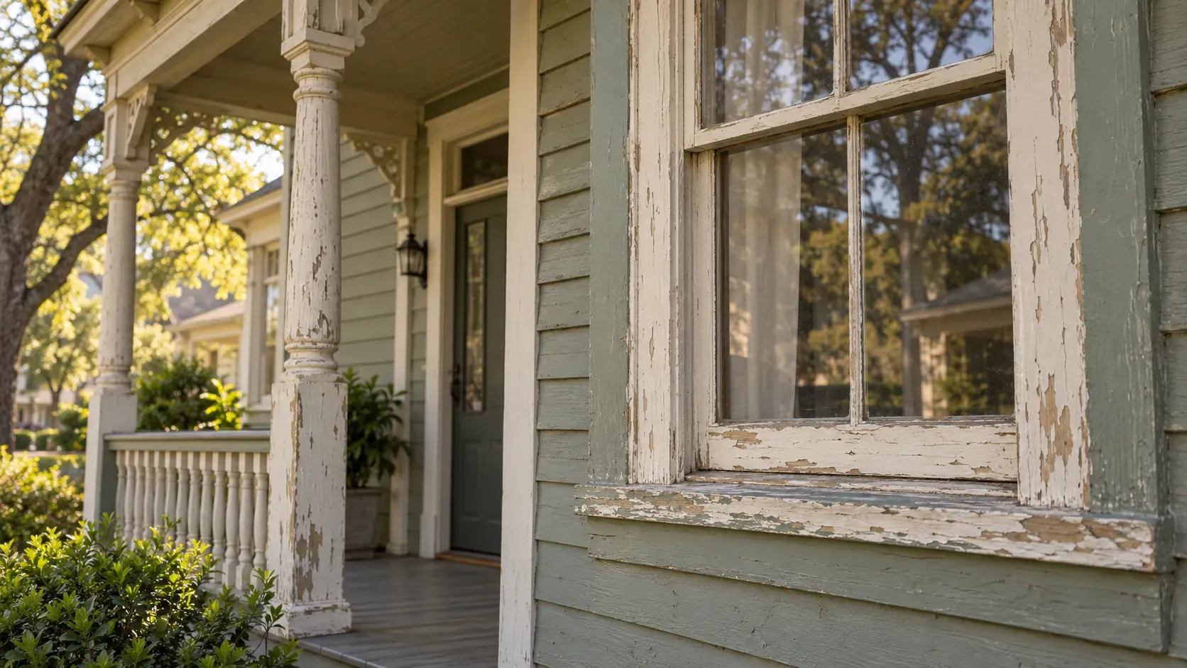 Peeling paint on the sill and frame of a wood window next to a porch column on an older house