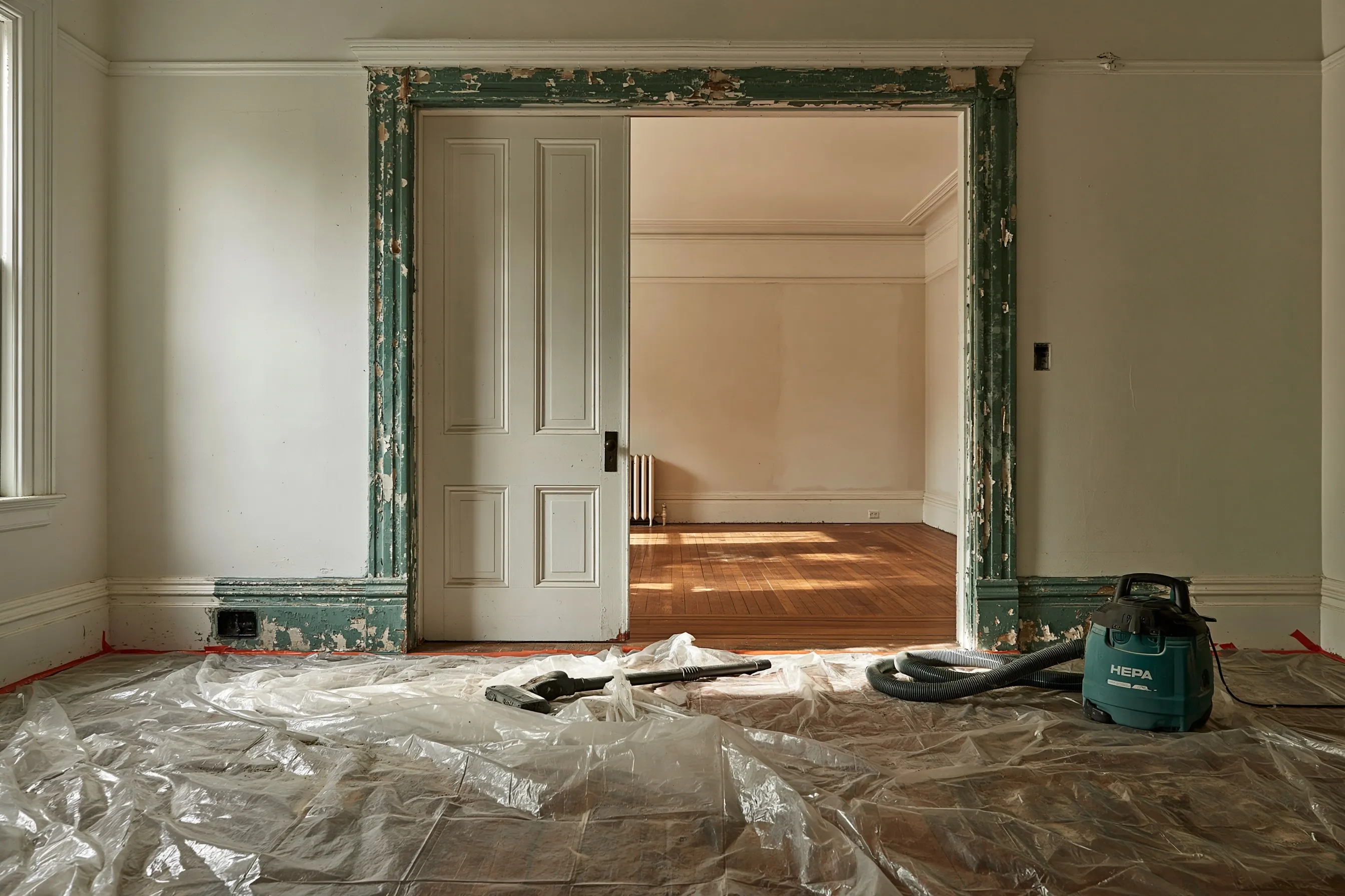 Interior door frame and baseboard with layered old paint in a room prepared with plastic sheeting