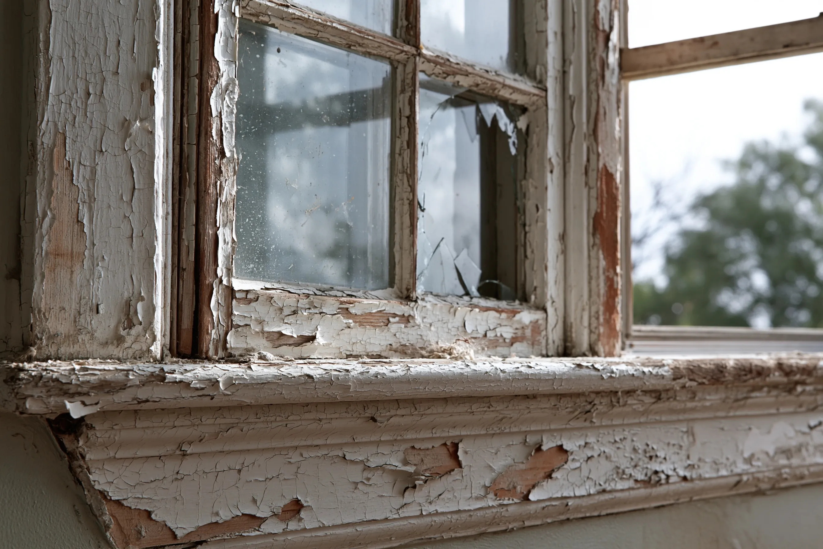 Old wood window with chipped multi-layer paint on sash and sill
